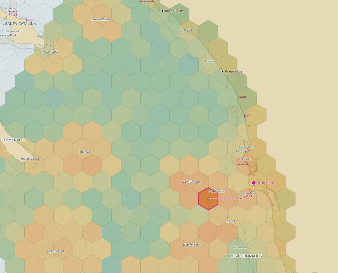 Bite Score chart zoomed to the Point Loma grounds — hexes, run route, seafloor topography and the day's top hex