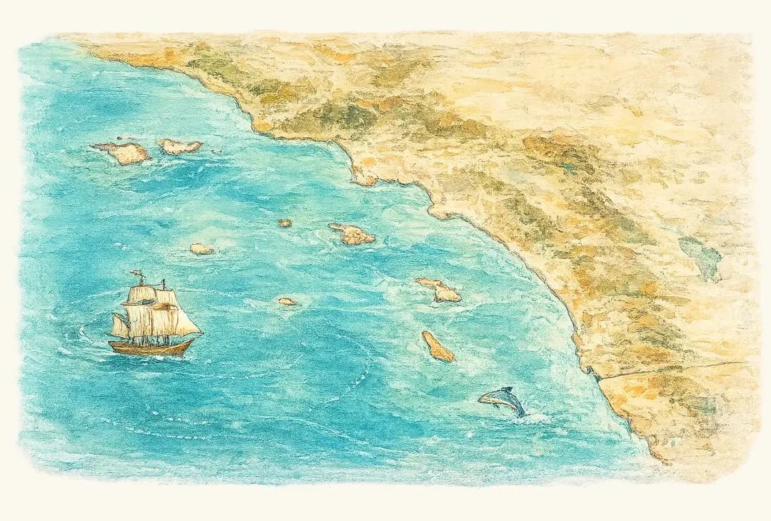 Watercolor chart of the Southern California Bight showing the harbors Fish or Pass covers